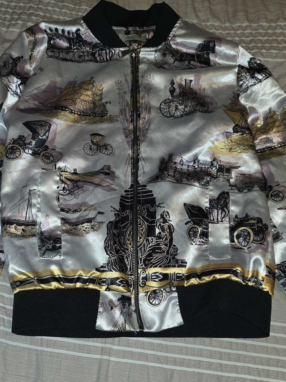 Hermes Bomber Jacket with Black and Gold Transport Motif